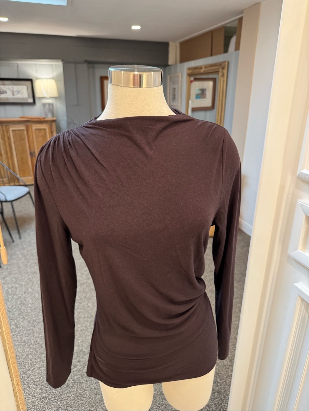 Liverpool Boat Neck Long-Sleeve Draped Top in Chocolate